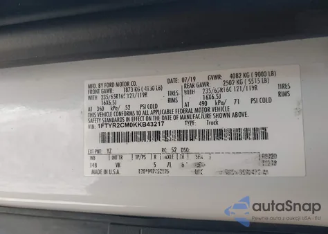 2019 Ford Transit-250 z USA, uszkodzony, nr VIN 1FTYR2CM0KKB43217